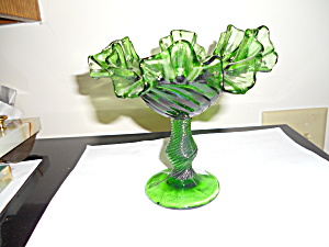 Green Art Glass Pedestal Dish Flared Ruffled