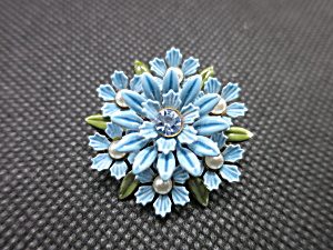 Vintage Lisner Blue Enamel Floral Brooch Faux Pearl Blue Stone