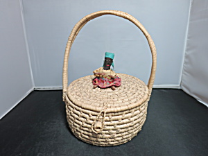 Coiled Basket With Lid And Handle Black African Doll On Top