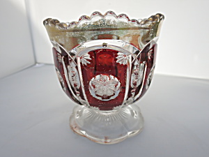 Ruby Red Snow Flake Saw Tooth Sugar Bowl With Gold Trim