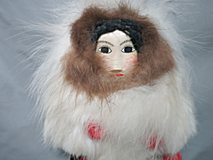 Eskimo Souvenir Doll Celluloid Or Ivory Face Rabbit Fur Hand Sewn