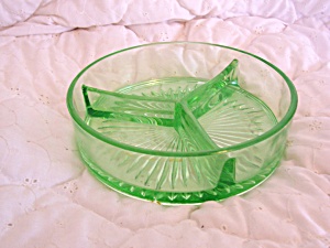 Pressed Green Glass Round Divided Dish