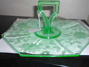 Green Etched Elegant Glass Handle Plate Dish