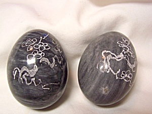 Vintage Scrimshaw Art Carved Marble Egg Set Of Two