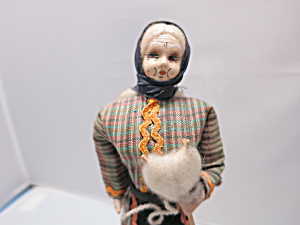 Vintage Cloth Doll Greek With Yarn Nostepinne Niddy Noddy 7 Inch