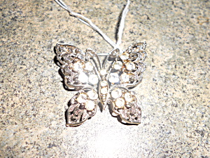 Butterfly Pin Silver Tone Crystal Rhinestones