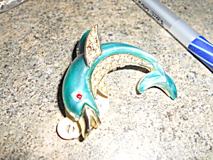 Dolphin Pin Clear And Red Rhinestones Silver