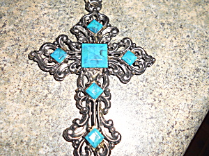 Vintage Cross Necklace Faux Turquoise 24 Inch