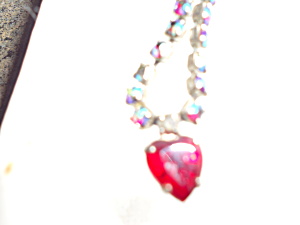 Rhinestone Necklace Red Heart Silver Tone