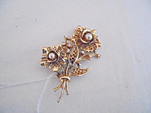 Coro Floral Pin Faux Pearls Gold Tone