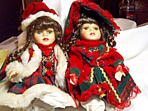 Porcelain Doll Pair In Red And Green