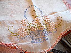 Linen Dresser Scarf Floral Embroidered