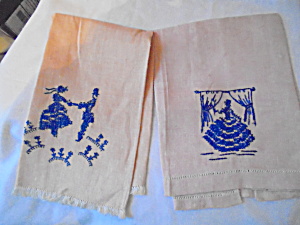 Victorian Embroidered Linen Finger Towels Two