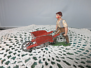 France Lead Farm Toy Figurine Man Farmer Pushing Red Wheelbarrow