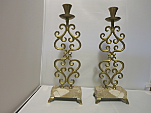 Made In Israel Brass Marble Footed Candlesticks Pair
