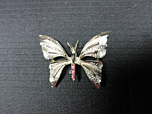 Vintage Butterfly Pin With Pink Rhinestones Gold Tone