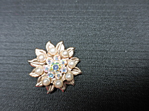 Floral Pin Faux Pearl Crystal Rhinestones Gold Tone