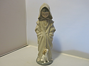 Nao Lladro Boy In Hood Coat Figurine Look Down At Dog