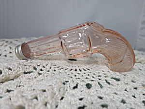 Pink Depression Glass Candy Container Pistol Shape Tin Screw Cap