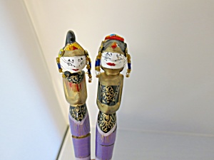 Figural Carved And Painted Pen Set Vintage Asian Doll