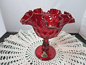 Vintage Fenton Art Glass Ruby Thumb Print Compote With Label
