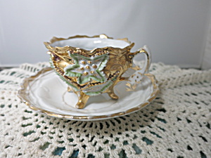 Victorian Footed Bone China Cup And Saucer With Applied Flower