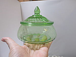 Antique Imperial Green Glass Twisted Optic Candy Dish With Lid