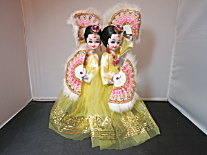 Vintage Korean Fan Dancer Twin Dolls In Yellow Dresses