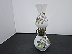 Miniature Milk Glass Oil Lamp Hand Painted Rose Motif
