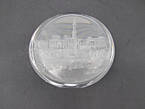 Norway Port Etched Paperweight Signed Hadeland Dec 1983