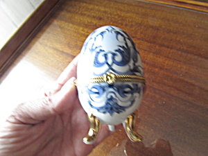 Porcelain Footed Egg Trinket Box Blue On White