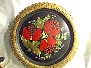 Floral Tole Painted Tin Tray Round 12 Inch