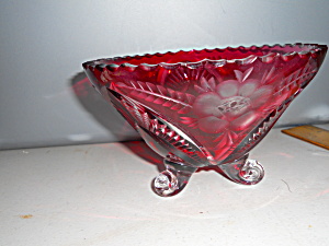 Cut Ruby Glass Footed Bowl Floral Star