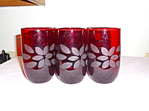 Acid Floral Etched Ruby Glass Tumblers Set 6