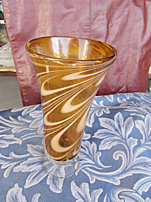 Teleflora Footed Vase Brown Amber White Swirl Glass