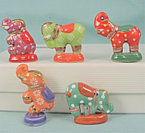 Tiny Herd Of Five Colorful Porcelain Elephants