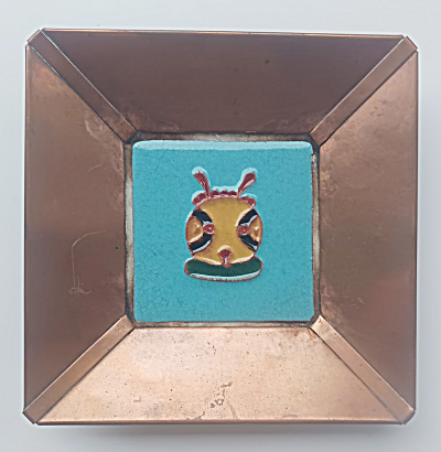 3 Inch Mud Head Tile In Copper Frame - Turquoise Background - Tom Bahti Design