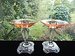 Fostoria #2470 Rose And Crystal Candleholders - Pair