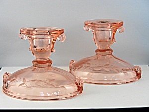 Imperial Glass Pink Cut Double Scroll Candlesticks - Pr