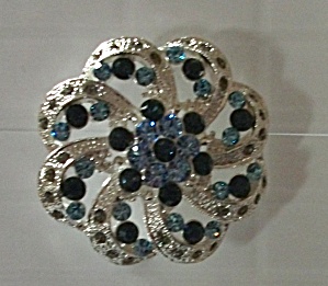 Vintage Spiral Floral Blue Rhinestones Brooch