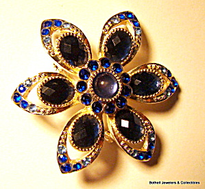 Blue Rhinestone Flower Design Vintage Brooch Or Pin