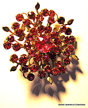 Red Rhinestone Floral Vintage Brooch Or Pin