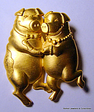 Dancing Pigs Vintage Gold Tone Brooch Or Pin