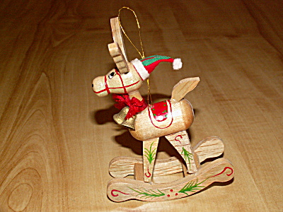 Vintage Wood Christmas Tree Ornament Rocking Horse Great Face Ears