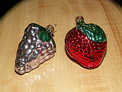 2 Vintage Fruit Colombia Glass Christmas Ornaments, Strawberry Grapes