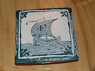 Thick Small Ceramic Art Tile Trivet Plaque Viking Ship Terra Cotta