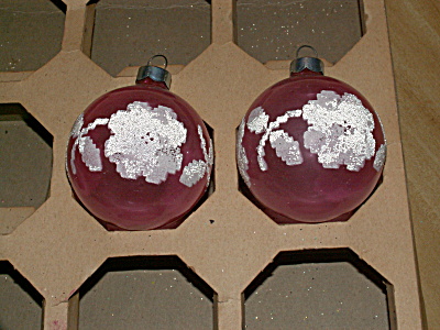 Pair Vintage U.s.a. Glass Christmas Balls Pink White Mica Floral