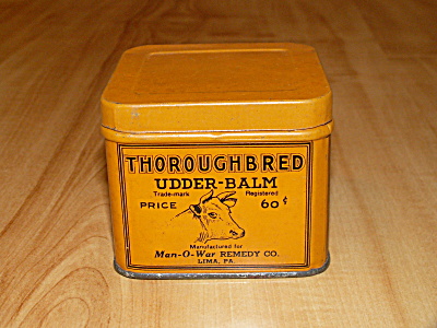 Vintage Tin Thoroughbred Udder-balm Cow Lima, Pa Man-o-war Remedy Co.