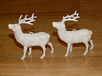Pair Mid Century Christmas Ornaments Figures Wht Reindeer Celluloid