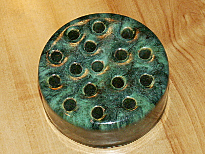 Vtg Pottery Ceramic Flower Frog Mottled Green Glaze 16 Holes 3.5 In.